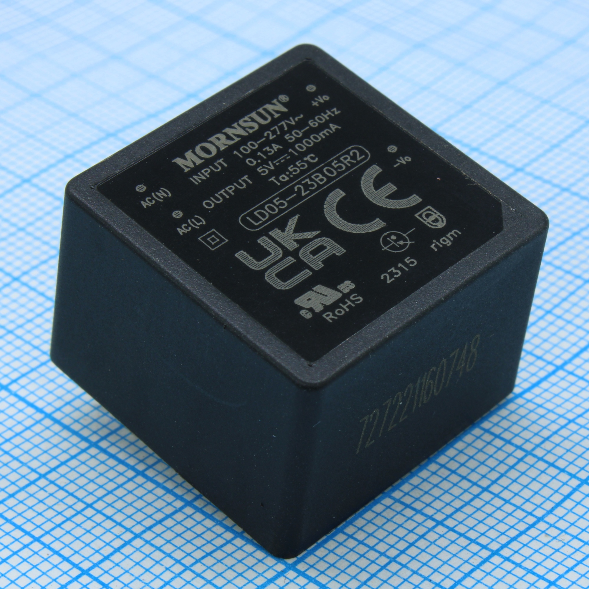 LD05-23B05R2 - AC-DC, 5Вт, вход 85…305В AC 47…63 Гц, 100…430B DC, выход 5В/1А, изоляция 4000В AC, КПД 77.5%, в корпусе на плату 25.4х25.4х17.6мм, -40...+85°C