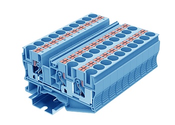 Проходная клемма TP10-3-BU - Проходная клемма, 3 точки подключения, тип фиксации провода: push-in, номинальное сечение: 10 мм кв., 57A, 1000V, ширина: 10,2 мм, цвет: синий, тип монтажа: DIN 35