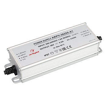 Блок питания ARPV-36200-A1 (36V, 5.55A, 200W) 035966 - Источник напряжения с гальванической развязкой для светодиодных изделий. Входное напряжение 200-240 VAC. Выходные параметры: 36 В, 5.55 А, 200 Вт. Встроенный PFC >0,5. Герметичный алюминиевый корпус I