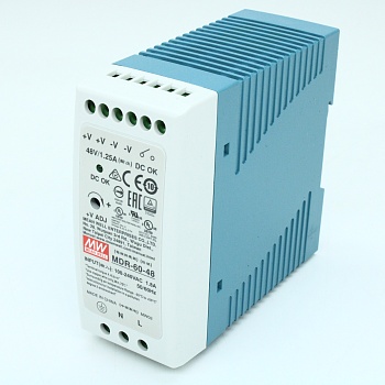 MDR-60-48 - Преобразователь AC-DC на DIN-рейку  60Вт, выход 48В/0…1,25A, рег. вых 48…56В, вход 85…264V AC, 47…63Гц /120…370В DC, изоляция 3000В AC, в кожухе  40х90х100мм, -20…+70°С