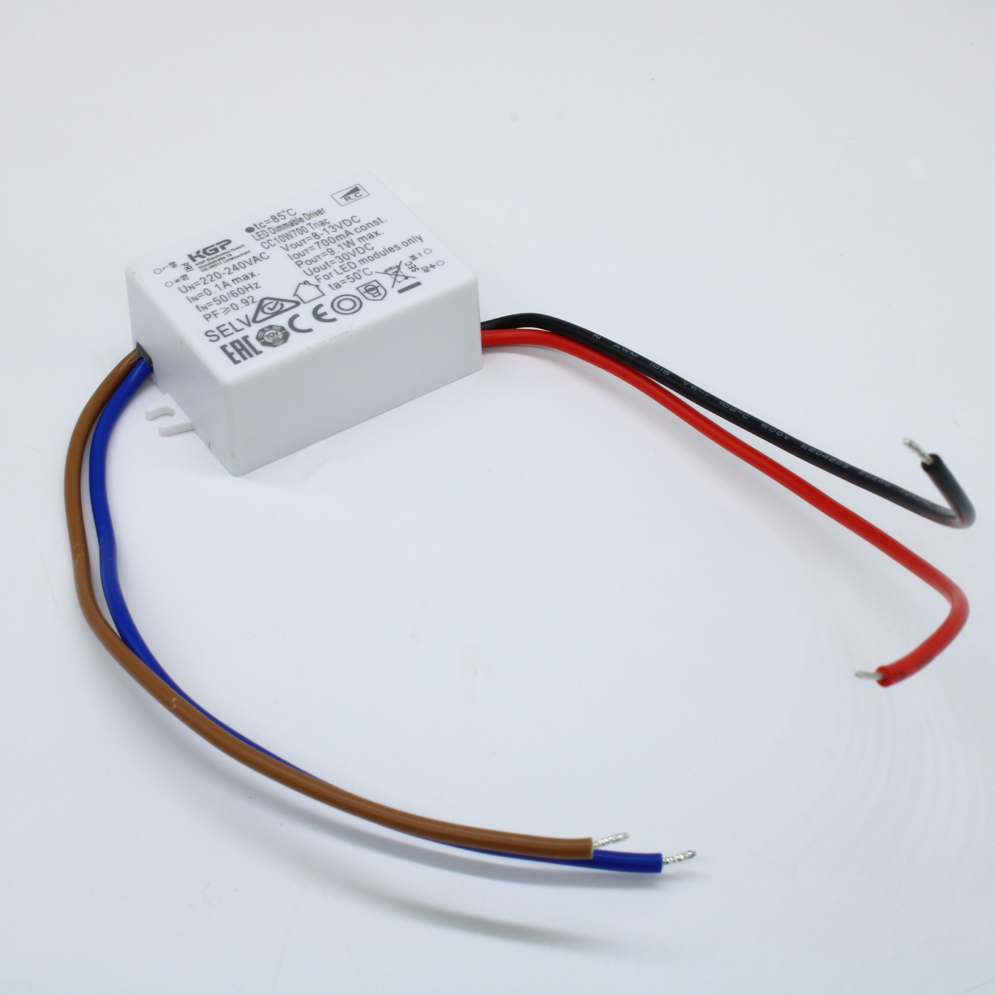 CC10W700 TRIAC -  AC-DC, 10Вт, стабилизатор тока, вход 198-264VAC,  выход 700мА /8-13V, ККМ (PF 0,92), IP44, пластиковый корпус 58.2*36*20mm, -20..+50°С, Triac