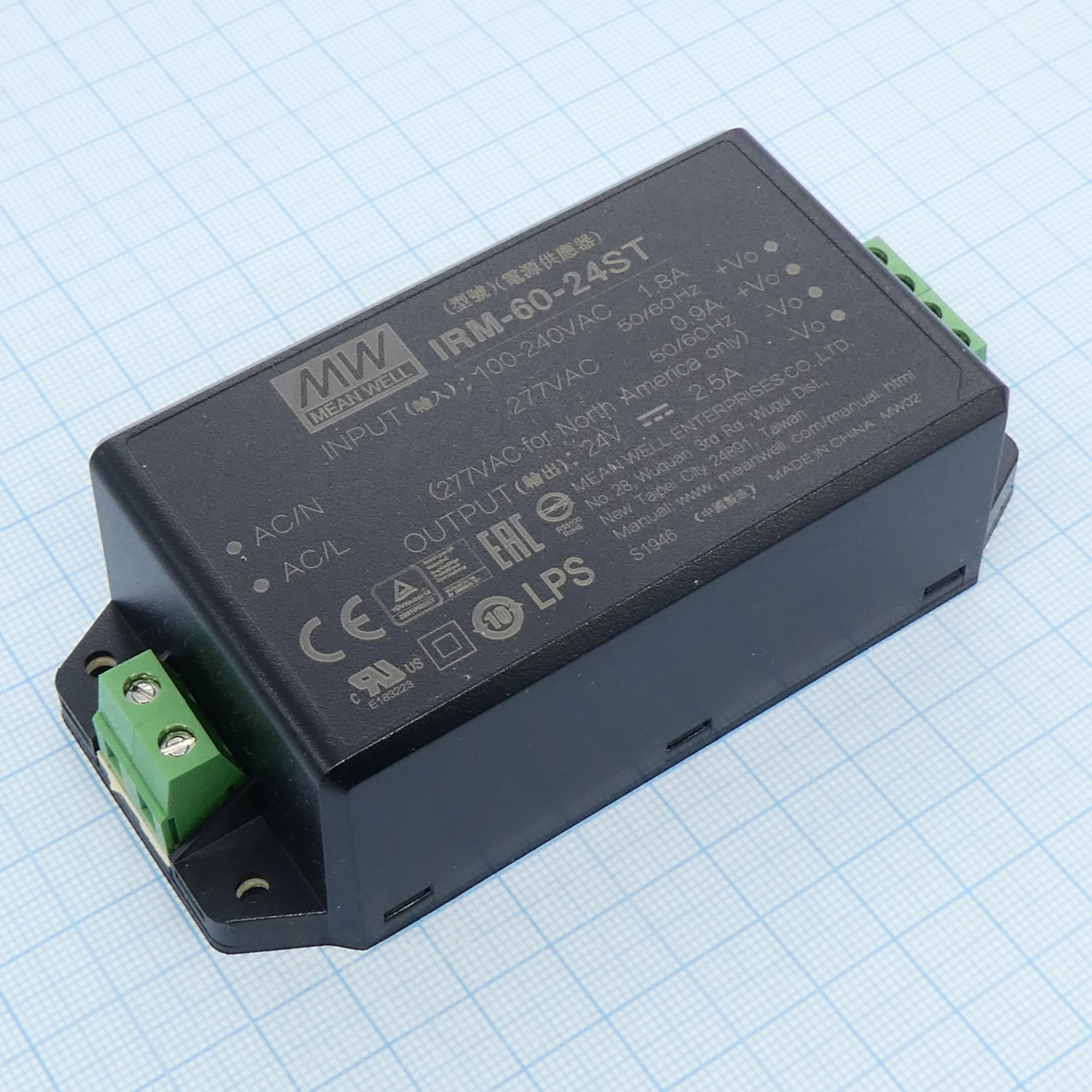 IRM-60-24ST - AC-DC, 60Вт, вход 85...264В AC 47...440 Гц, выход 24В/2.5А, изоляция 3000В AC, в корпусе на шасси, 109x52x33.5мм, -30...+70°C, винтовые зажимы