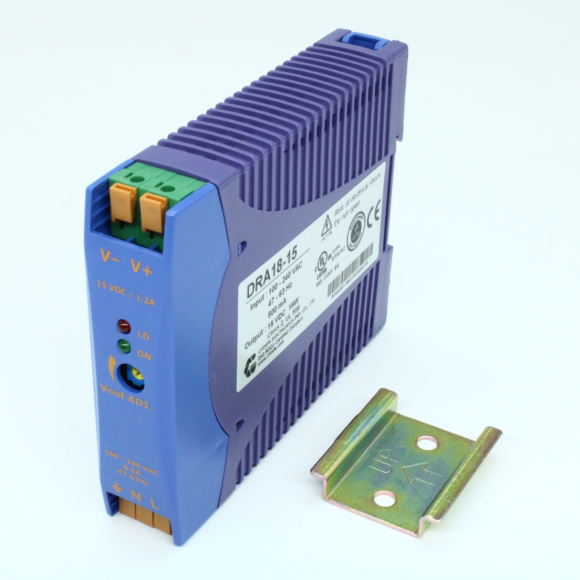 DRA18-15 - Преобразователь AC-DC на DIN-рейку  18Вт, выход 15В/1.2A, рег. вых 13.5…17.25В, вход 90…265V AC, 47…63Гц / 120...370V DC , изоляция 3000V AC, : 115х90х23мм, -20…+71°С, пружинные клеммы