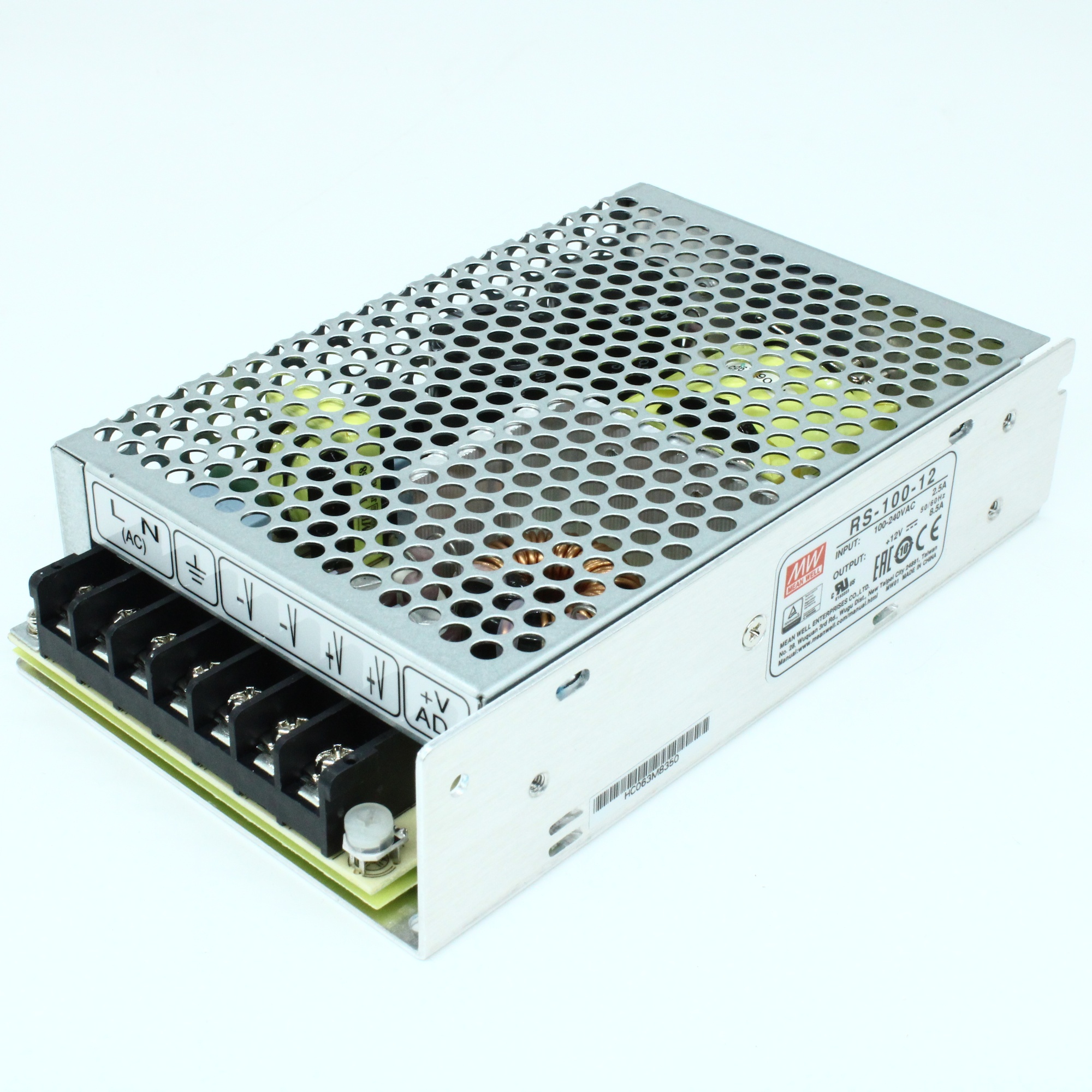 RS-100-12 - AC/DC, 100Вт, выход 12В/8.5A, рег. вых 11.4…13.2 В , вход 88…264В AC, 47…63Гц / 125…373 В DC,  изоляция 3000В AC, в кожухе 159х97х38мм, -20…+70°С