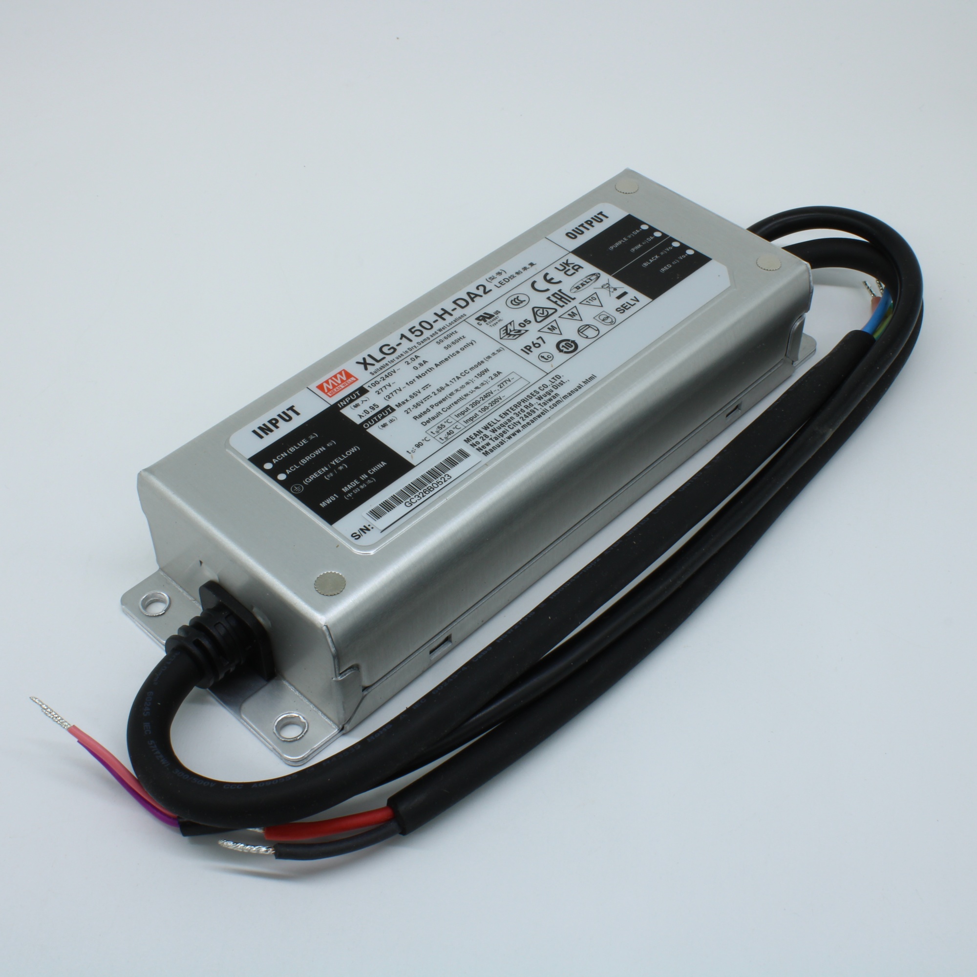 XLG-150-H-DA2 - AC-DC, 150Вт, вход 100…305В AC, 47…63Гц/142…431В DC, выход 27…56В/2800мА, рег. вых 1400…4170мА, изоляция 3750В AC, в корпусе 180х63х35.5мм, -40…+90°С, DALI-2 димминг