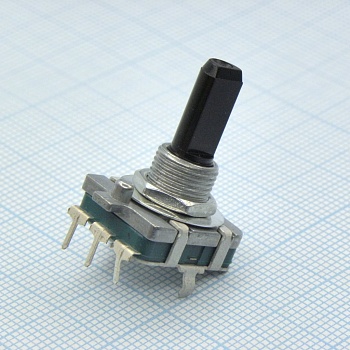 PEC16-4220F-N0024 - Энкодер PEC16, 24 щелчка, 24 импульса, пластмассовый вал с лыской 20мм, горизонтальные выводы, крепление на гайку 9мм