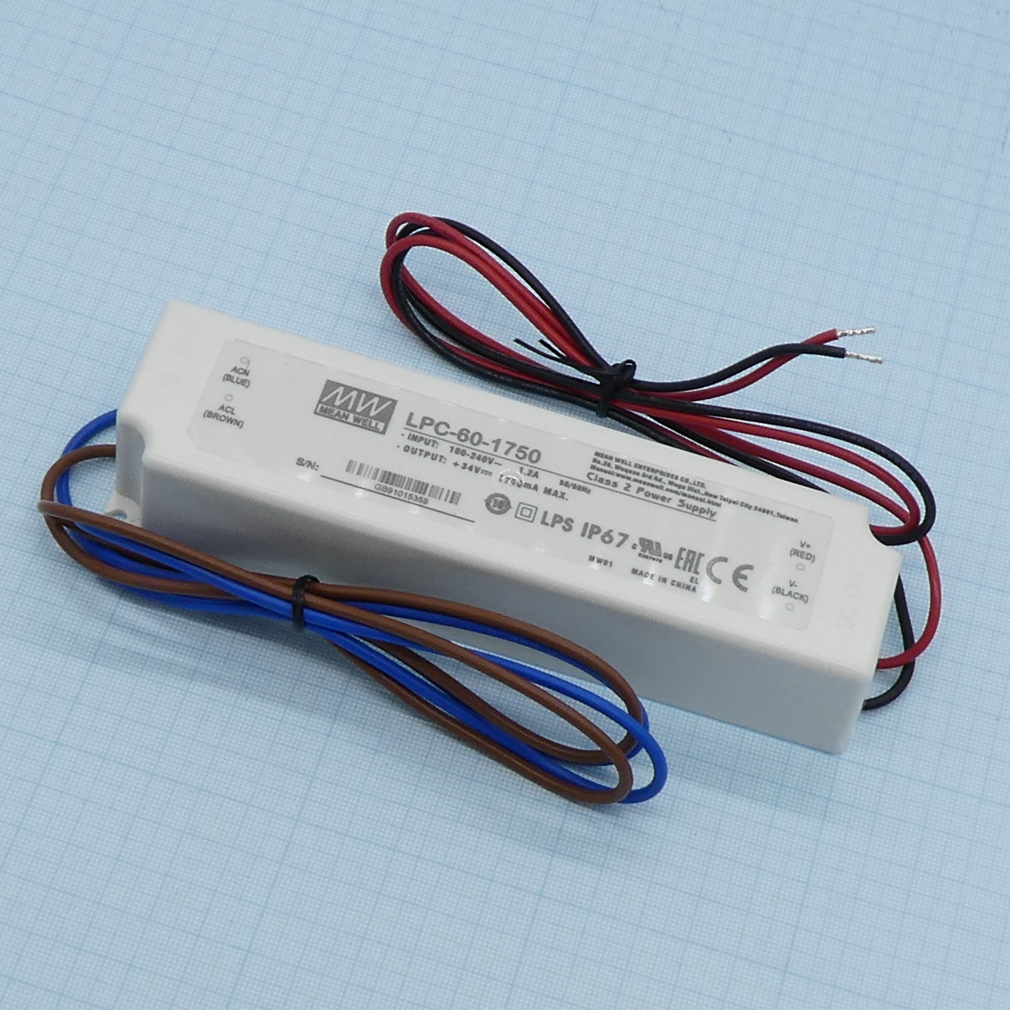 LPC-60-1750 - AC-DC, 59,5Вт, стабилизация тока, IP67, вход 90…264В AC, выход 1750мА/9…34В, изоляция 3000В AC, в кожухе 162х42х30мм, -30…+70°С