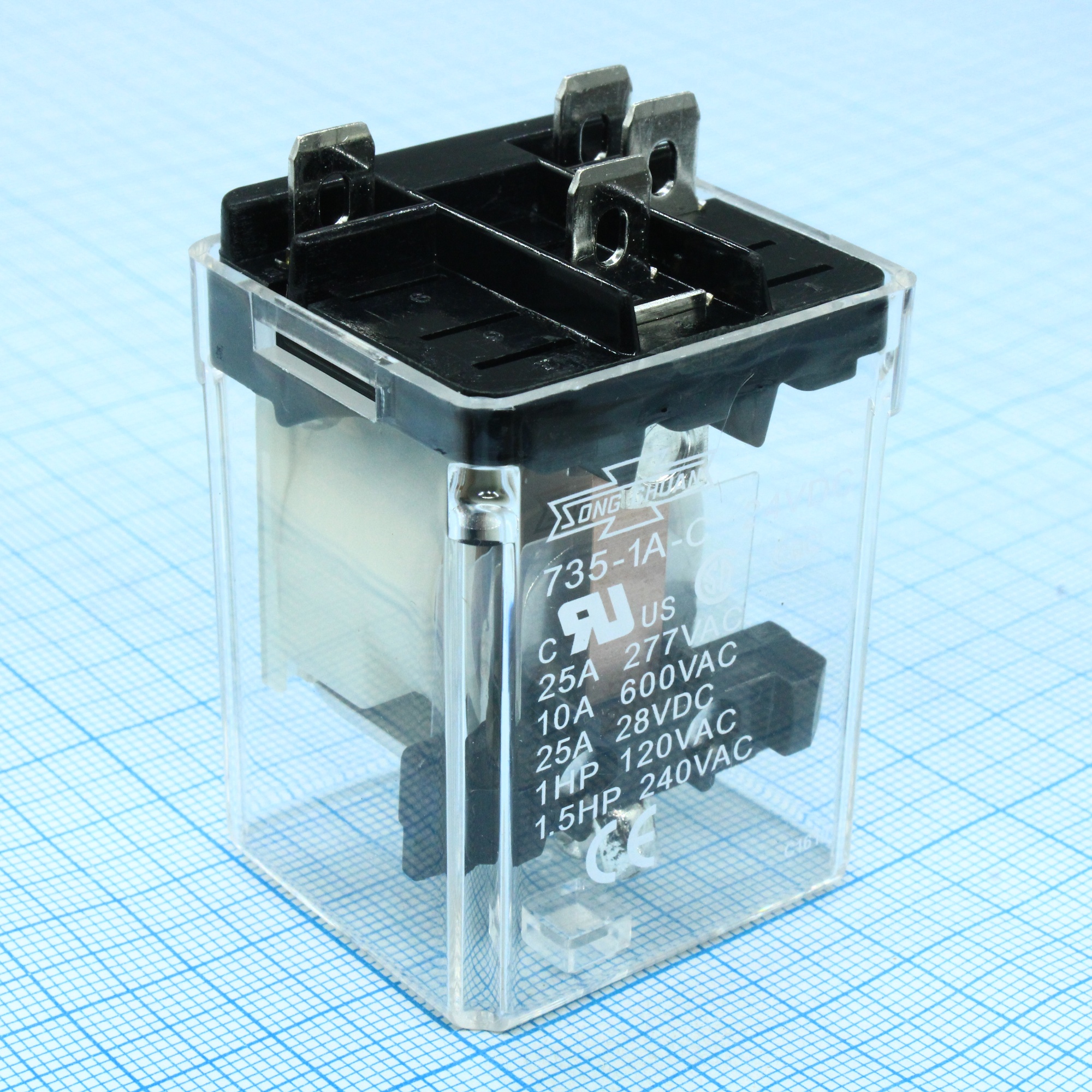 735-1A-C 24VDC - Реле в колодку.Упр.: 24VDC, Потр. мощн.: 1.2W. Комм.:20А 240VAC/ 15А 28VDC, конт.: 1 открытый, размер (LxWxH) мм: 38.0 х 34.8.0 х 47.5