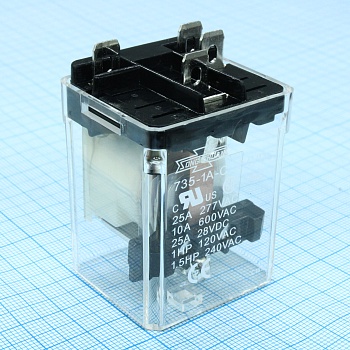 735-1A-C 24VDC - Реле в колодку.Упр.: 24VDC, Потр. мощн.: 1.2W. Комм.:20А 240VAC/ 15А 28VDC, конт.: 1 открытый, размер (LxWxH) мм: 38.0 х 34.8.0 х 47.5