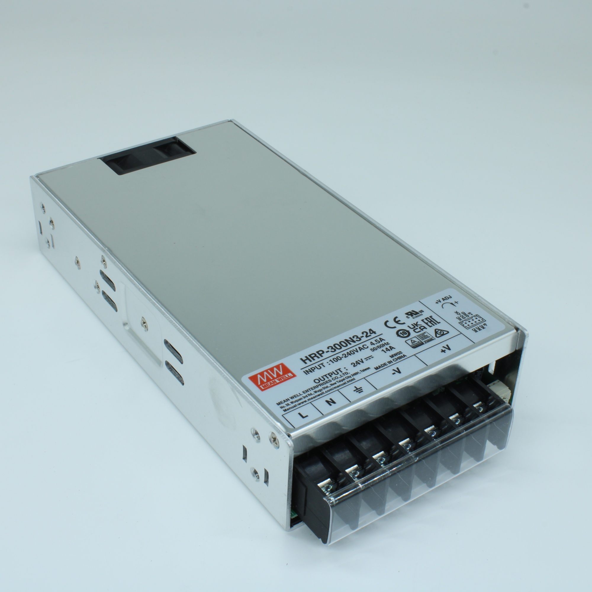 HRP-300N3-24 - AC-DC, 336Вт, выход 24В/0...14A, рег. вых 21.6…28.8 В , вход 85…264В AC, 47…63Гц / 120…370 В DC,  изоляция 3000В AC, в кожухе 199x105x41мм, -40…+70°С, вентилятор, кратковременная пиковая мощность 350%