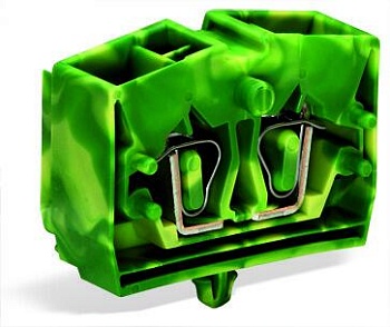 Клемма мини 254347 - Мини клемма, верхний подвод кабеля, 4 точки подключения в клемме, тип фиксации провода: пружинный, номинальное сечение: 2,5 мм кв., 24A, 800V, цвет: желто-зеленый, тип монтажа: защелки в панель