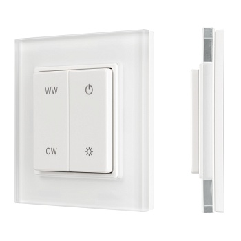 Панель SMART-P49-MIX-G-SUF (3V, 1 зона, Knob, 2.4G) 032985 - Накладная кнопочная панель 2.4 ГГц, цвет белый. Материал - стекло. Для управления мультибелыми (MIX) источниками света (ШИМ), 1 зона управления. Питание/рабочее напряжение 3VDC от батарейки CR20