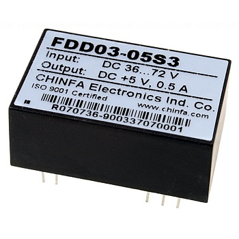 FDD03-05S3 - Преобразователь DC/DC, 2.5Вт, вход 36…72В, выход 5В/500мА, изоляция 1500В DC, корпус DIP24, 31.8х20.3х12.7мм, -40°С…+71°С