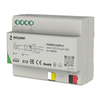 INTELLIGENT ARLIGHT Блок питания шины KNX-902-PS640-DIN (230V, 640mA) 025542 - Блок питания шины KNX для установки на DIN-рейку. Напряжение питания AC 95-255 V, ток нагрузки 640 mA. Два раздельных выхода (BUS + AUX). Размер 90?108?64mm