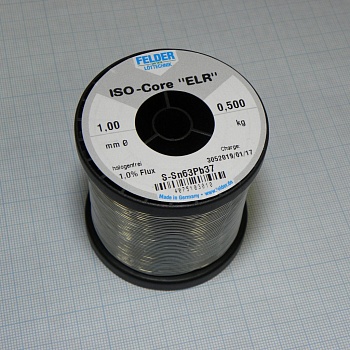 Припой Sn63Pb37 ELR  1.0мм 500гр - Припой трубчатый оловянно-свинцовый ПОС63, флюс 1% ELR безгалогенный органический (ROL0) в катушке