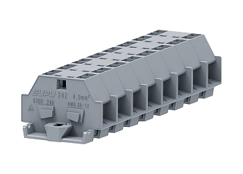 Клемма мини 242331 - Мини клемма, боковой подвод кабеля, 4 точки подключения в клемме, тип фиксации провода: пружинный, номинальное сечение: 4 мм кв., 24A, 630V, цвет: серый, тип монтажа: монтажные фланцы