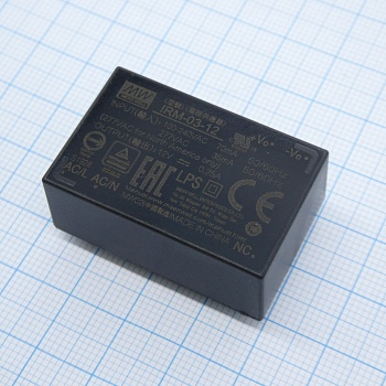 IRM-03-12 - AC-DC,3Вт, вход 85…305В AC 47...440 Гц, 120...370B DC, выход 12В/250мА, изоляция 3000В AC, в корпусе на плату 37х24х15мм, -30...+85°C, монтаж в отверстия