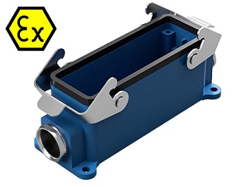 Закрытое основание разъема EX 70.330.2436.0 - Основание разъема на панель, закрытое, типоразмер 24B, взрывозащищита, с уплотнителем, 2 кабельных ввода M25x1,5, IP54, с двумя защелками, с защитной крышкой, материал корпуса: цинковый сплав