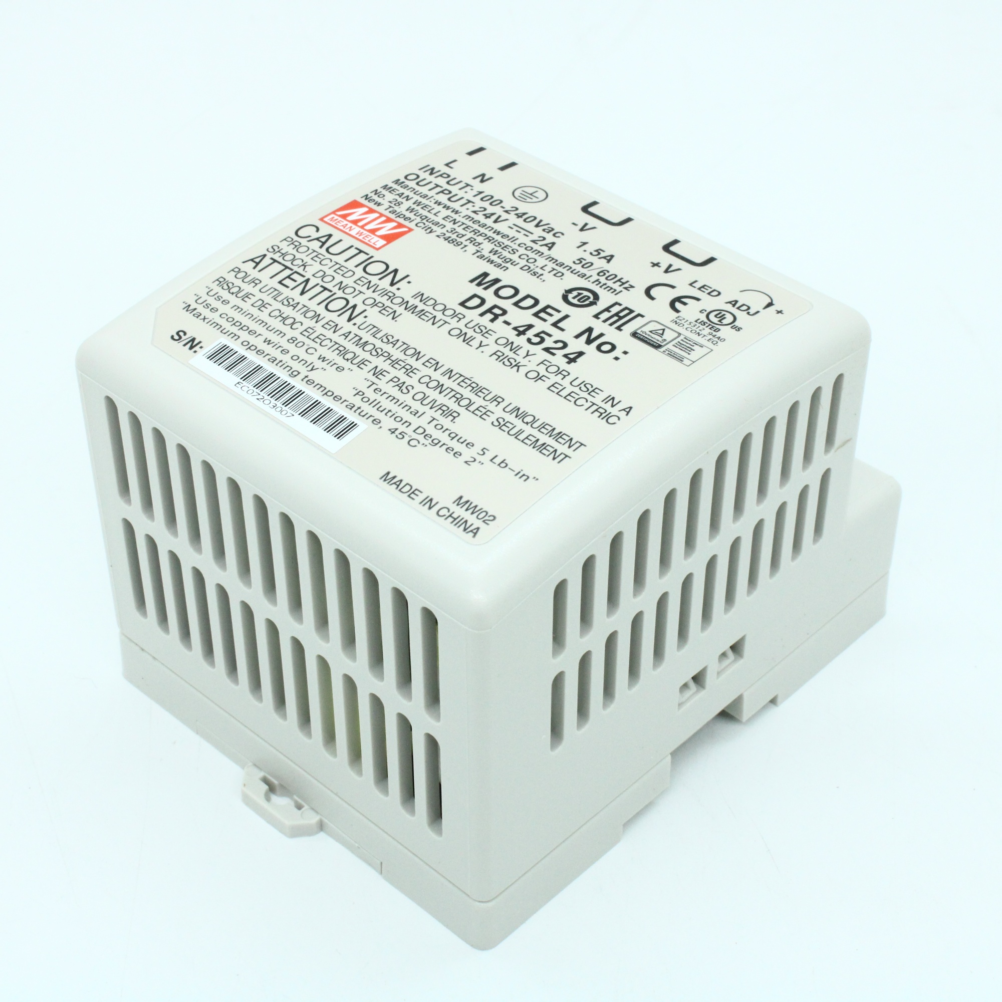 DR-4524 - Преобразователь AC-DC на DIN-рейку  45Вт, выход 24В/2A, рег. вых=±10%Uном, вход 85…264V AC, 47…63Гц /120…370В DC, изоляция 3000В AC, в кожухе  78х93х56мм, -10…+50°С