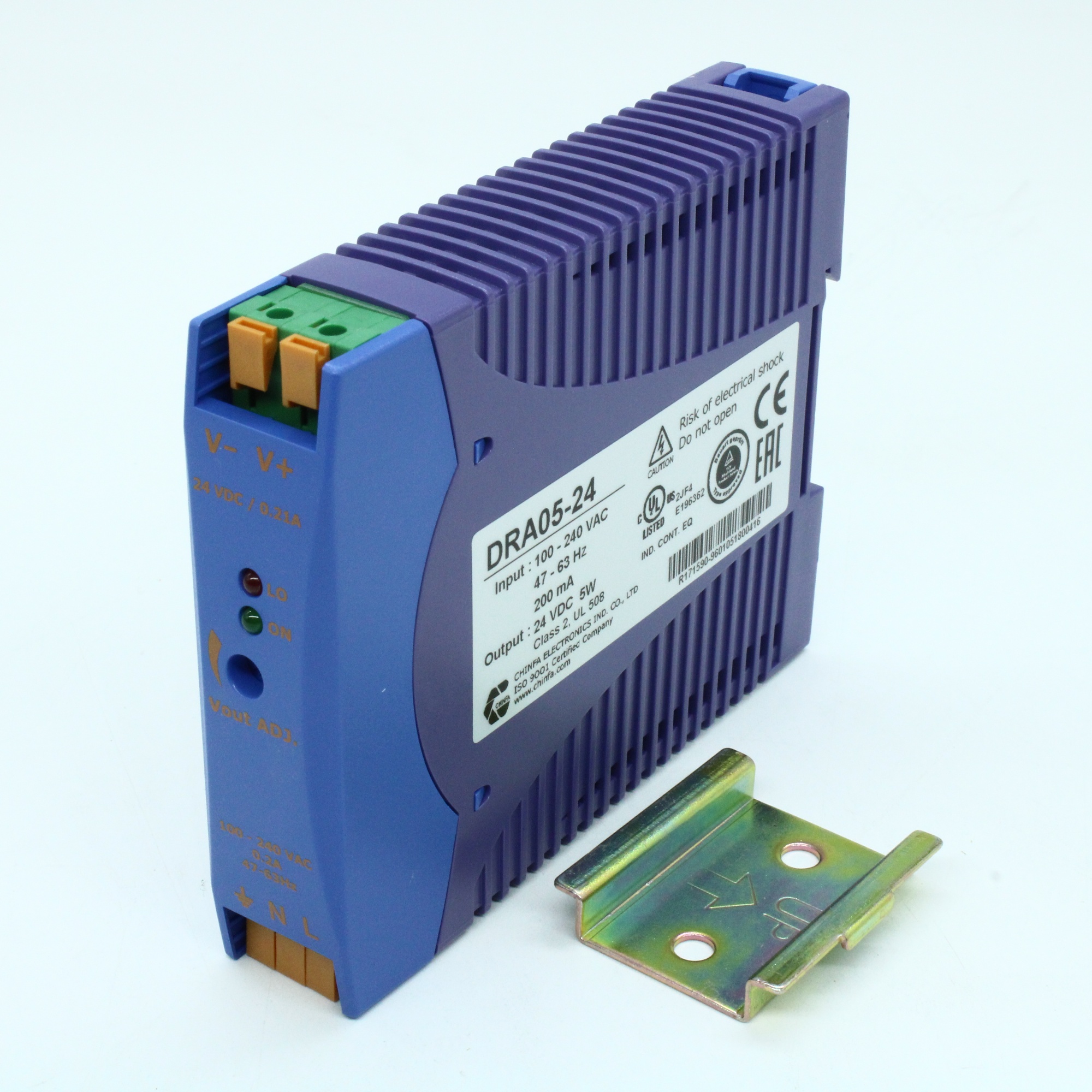 DRA05-24 - Преобразователь AC-DC на DIN-рейку  5Вт, выход 24В/0.21A, рег. вых 21.6…28.8В, вход 90…265V AC, 47…63Гц / 120...370V DC , изоляция 3000V AC, : 115х90х23мм, -20…+71°С, пружинные клеммы