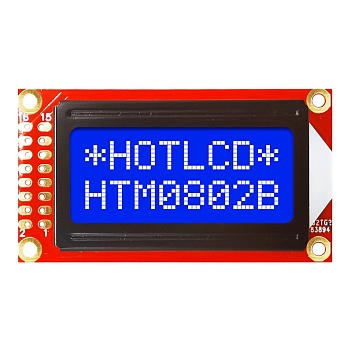 HTM0802B-25W-T5P-V03 - ЖКИ знакосинтезирующий 8 x 2, STN Синий Негативный/прозрачный светодиодная подсветка белая, питание 5В, размер 58x32 мм, видимая область 38х16 мм, -20...70°C, 6 o`clock, 16 контактов 2 ряда слева