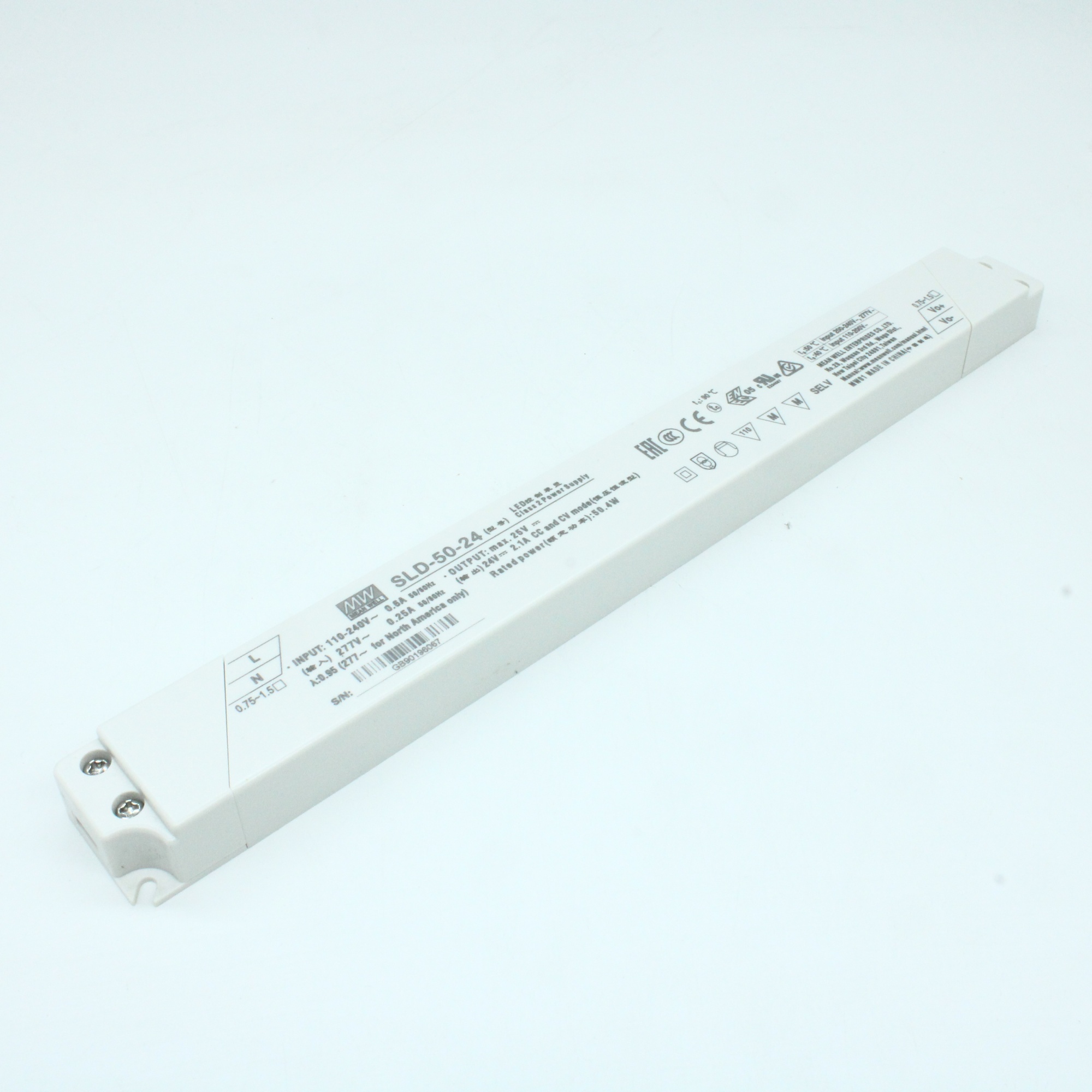 SLD-50-24 - AC-DC, 50.4Вт, вход 110…305В AC, 47…63Гц/155…431В DC, ККМ, 24В/2.1А, изоляция 3750В AC, в кожухе 280х30х16.8, -20…+90°С (корпус)