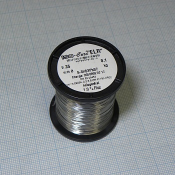 Припой Sn63Pb37 ELR  0.35мм 100гр - Припой трубчатый оловянно-свинцовый ПОС63, флюс 1% ELR безгалогенный органический (ROL0) в катушке