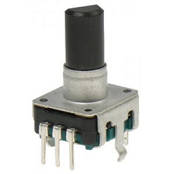 PEC12R-4225F-S0024 - Энкодер PEC12, 24 щелчка, 24 импульса, пластмассовый вал с лыской 25мм, с кнопкой, горизонтальные выводы