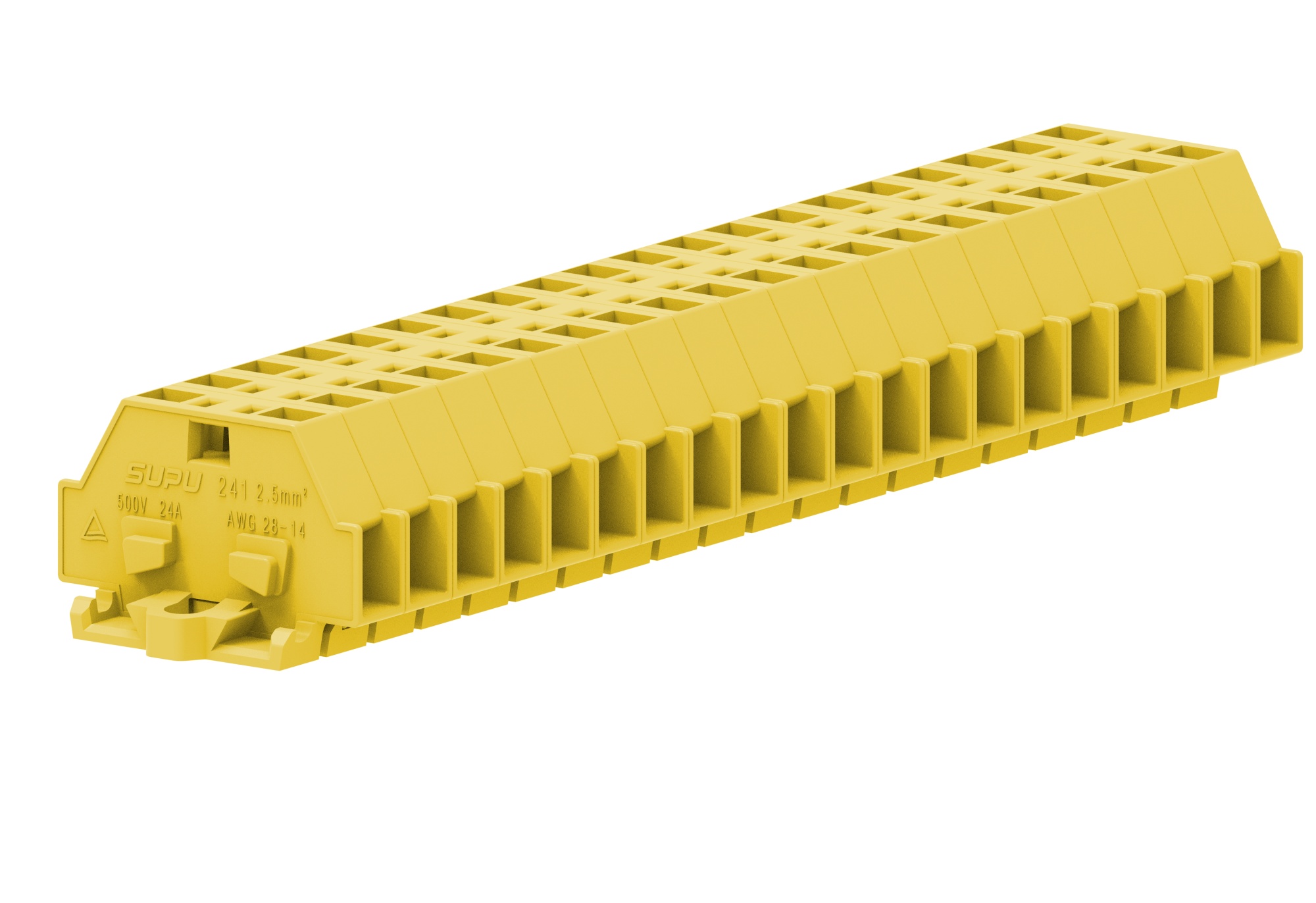 Клемма мини 241305 - Мини клемма, боковой подвод кабеля, 2 точки подключения в клемме, тип фиксации провода: пружинный, номинальное сечение: 2,5 мм кв., 24A, 500V, цвет: желтый, тип монтажа: монтажные фланцы