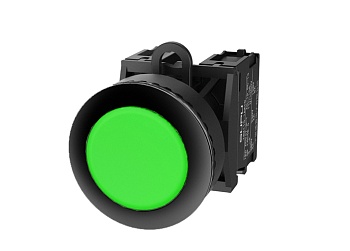 Кнопка плоская (зеленая) TS2530-0AM20-S10 - Кнопка круглая плоская, без блокировки, без подсветки, утопленное пластиковое переднее кольцо, с мгновенным нажатием, с контактной группой 1NO, диаметр головки кнопки 36 мм, диаметр посадочного отверстия: 22 мм,