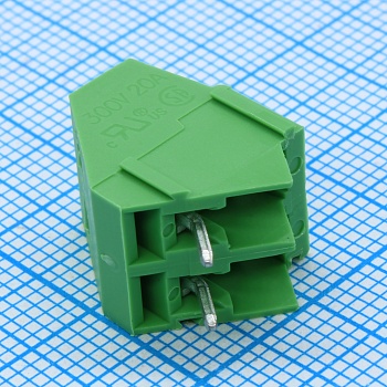 EK508A-02P - Клеммник 2 контакта шаг 5.08 мм модульный на плату, каб. ввод 45 град., H = 15.5 мм, микролифт (пров. 24-12AWG/ до 2.5 кв.мм), до 300В/20А, зеленый изолированный