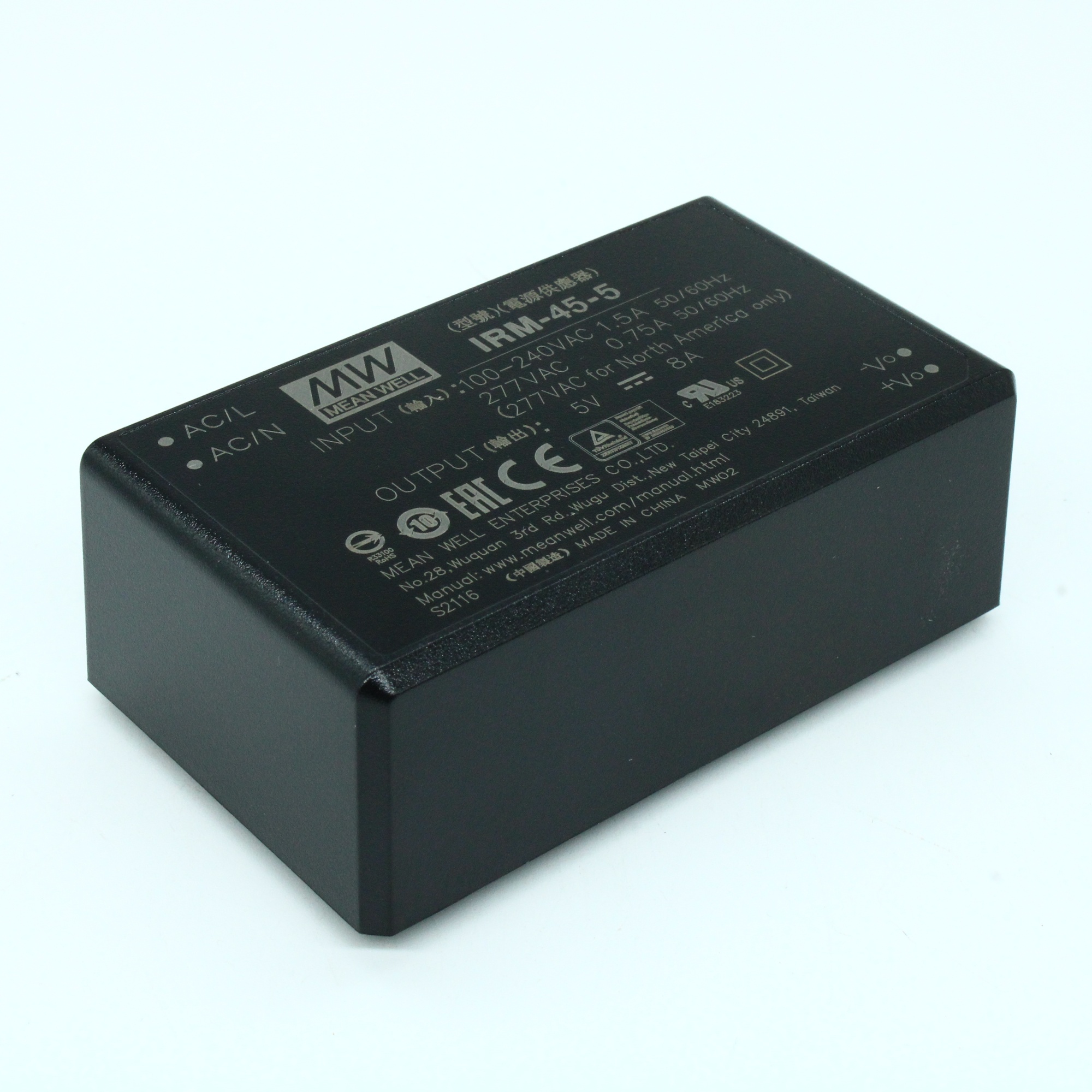 IRM-45-5 - AC-DC, 40Вт, вход 85...305В AC 47...440 Гц, 120...430B DC, выход 5В/8А, изоляция 3000В AC, в корпусе на плату 87x52x29.5мм, -30...+70°C