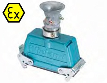 Крышка разъема Ex 99.748.3329.7 - Крышка разъема на кабель, типоразмер 24B, взрывозащищита, с уплотнителем, 1 кабельный ввод M32x1,5, с разгрузкой на изгиб, IP54, с верхним расположением, с двумя защелками, материал корпуса: цинковый сплав