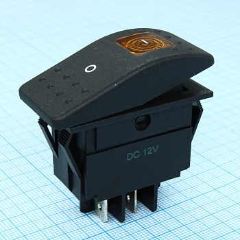 RK1-06N-12V желтый - Выключатель клавишный ON-OFF с подсветкой (4c) 35А 12В
