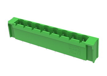 Вилочный разъем на плату MC-PA7.62V02-I-0002 - Вилочный разъем, вертикальный, на плату, шаг: 7.62 мм, 2 полюса, фиксация на плате пайкой, исполнение: с дополнительной фиксацией на плате, 630V, 18A, цвет: зеленый