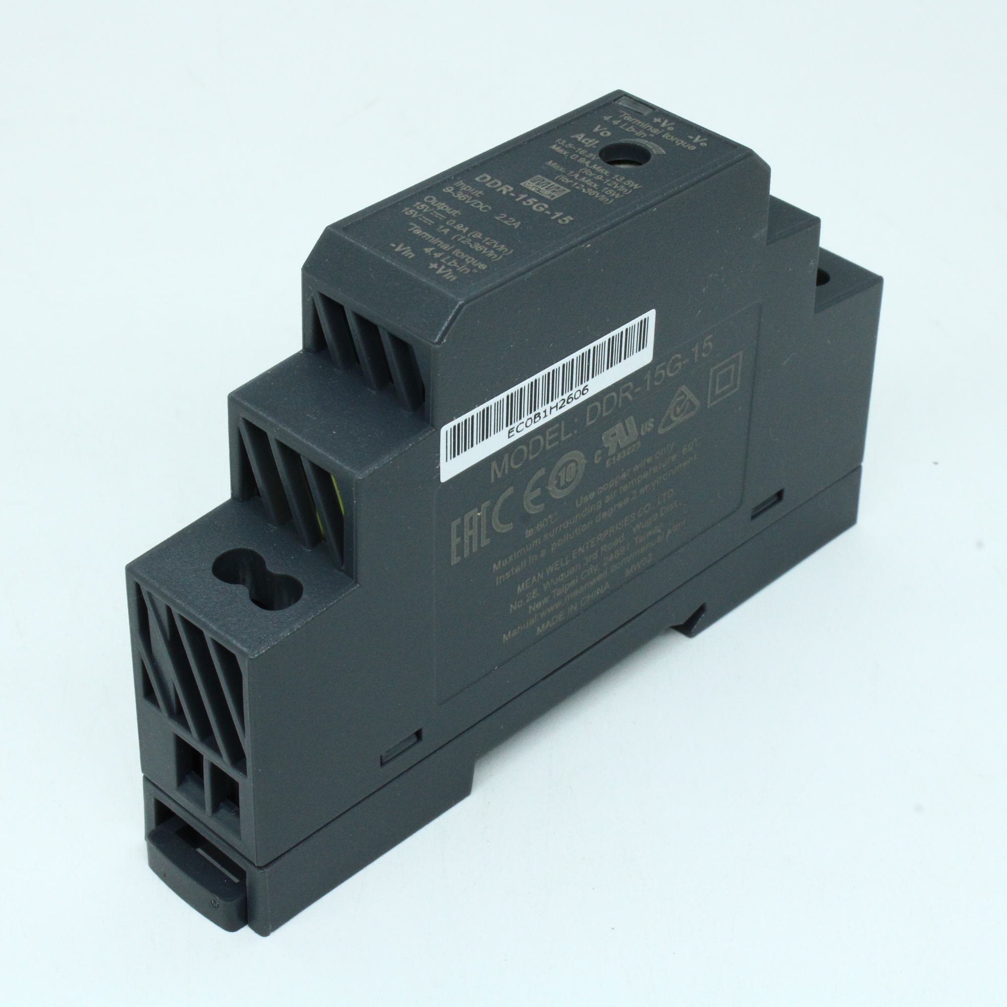 DDR-15G-15 - DC-DC, 15Вт, вход 9…36 В DC, выход 15В/1А, изоляция 4000В DC, в кожухе на DIN-рейку, 17.5х90х54.5мм, -40...+85°С