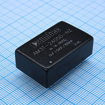 AM3T-2405D-NZ - DC/DC преобразователь 3 Вт  вход 18В...36В выход ±5В ±0.3А  -40...85°C, дерейтинг при 85°C1500VDC 1500VDC   MTBF 1000000 часов  КПД 82%  ёмк. нагрузка макс.±2200 мкФ  корпус DIP24, алюминий  установка на печатную плату  20x32x10.8 мм