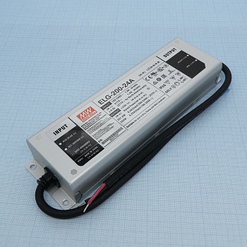 ELG-200-24A - AC-DC, 201.6Вт, IP65, вход 100…305В AC, 47…63Гц/142…431В DC, ККМ, выход 12...24В/8.4А, изоляция 3750В AC, в кожухе 244х71х37.5мм, -40…+85°С (корпус), потенциометры