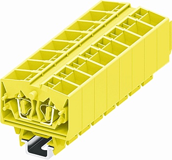 Клемма мини 254395 - Мини клемма, верхний подвод кабеля, 4 точки подключения в клемме, тип фиксации провода: пружинный, номинальное сечение: 2,5 мм кв., 24A, 800V, цвет: желтый, тип монтажа: DIN15