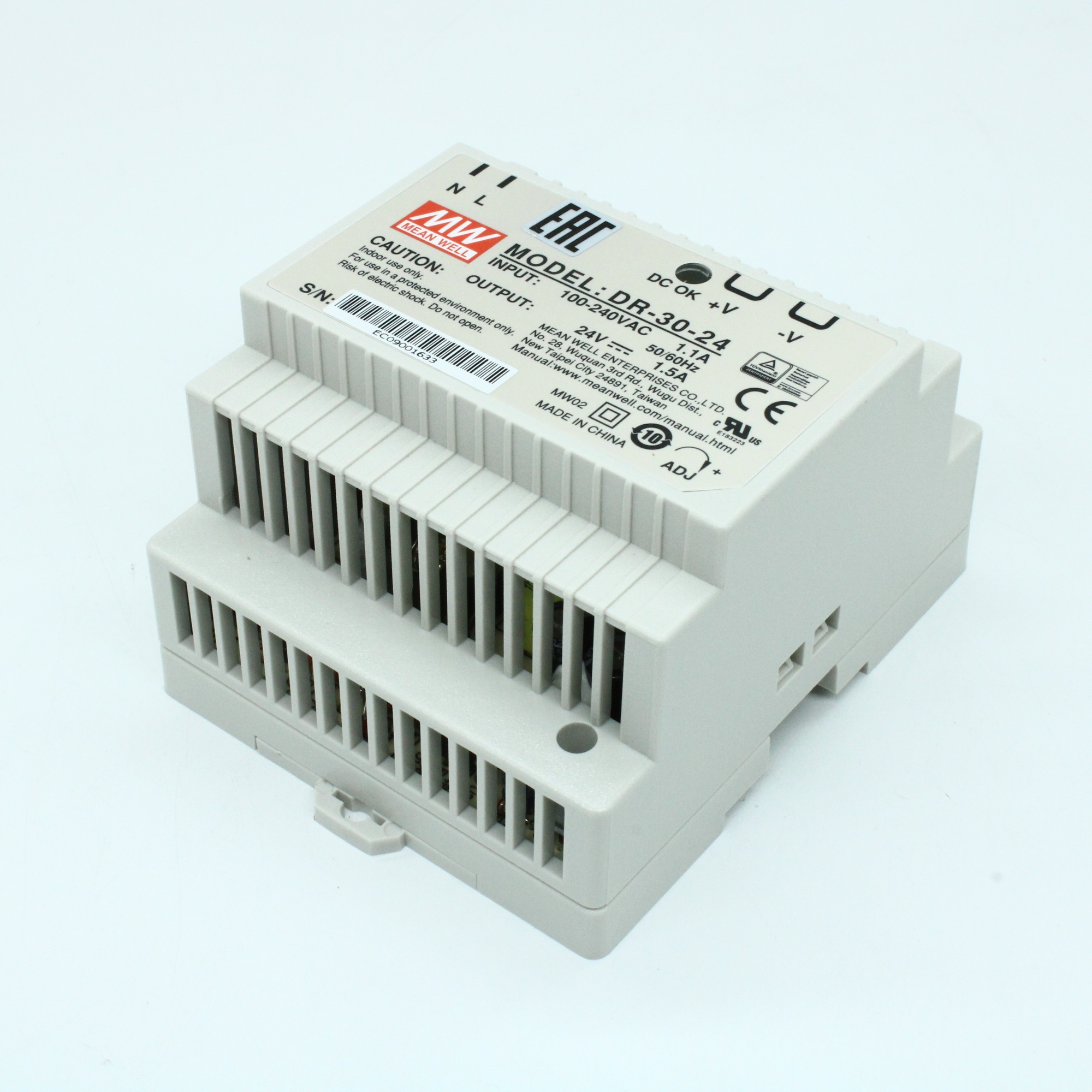 DR-30-24 - Преобразователь AC-DC на DIN-рейку  36Вт, выход 24В/0…1.5A, рег. вых=±10%Uном, вход 85…264V AC, 47…63Гц /120…370В DC, изоляция 3000В AC, в кожухе  78х93х56мм, -20…+60°С