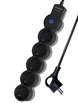 Удлинитель 5х3м ПВС 3х0.75 с защ. шторк. с заземл. IP20 с выкл. 220В 10А 2200Вт черн. YKsm3m-5g-Z-V10A-B