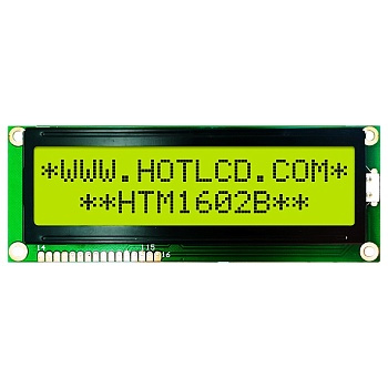 HTM1602B-01Y-T5P 12H - ЖКИ знакосинтезирующий 16 x 2, STN Желто-зеленый Позитивный/прозрачно-отражающий светодиодная подсветка желто-зеленая размеры 122х44, видимая область 99х24, питание 5В, -20...70°C, 12 o`clock, 16 контактов снизу