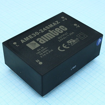 AME30-24SMAZ - AC/DC, 30Вт, вход 90…264В, выход 24В/1.25А, изоляция 4000В AC, КПД 83%, максимальная емкостная нагрузка не более 560мкФ, 90.5x63x30мм, -40…85°C, пластик