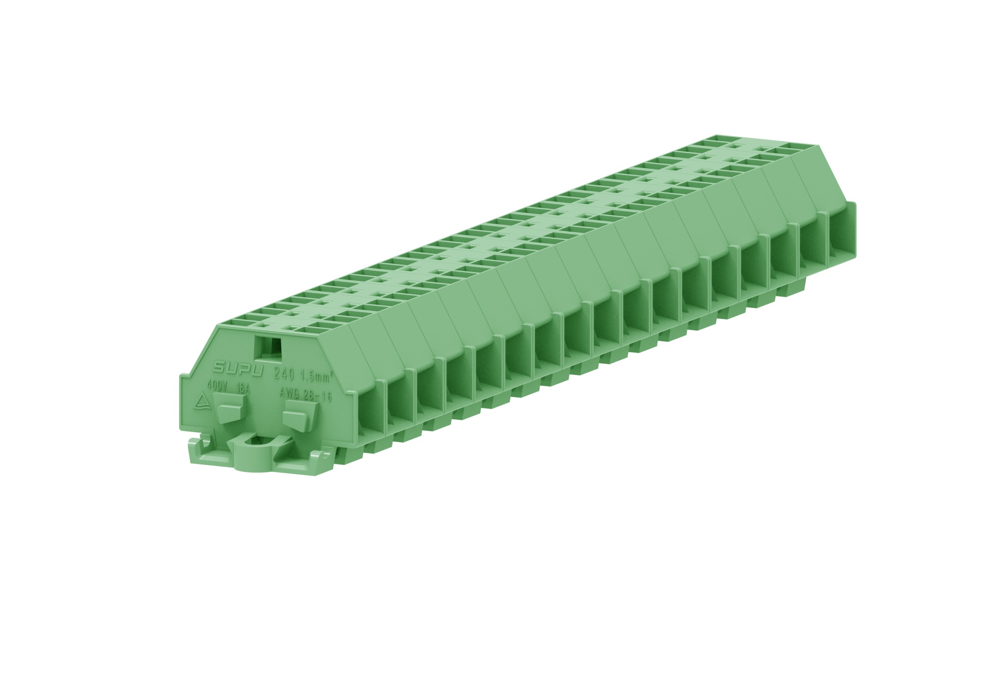 Клемма мини 240336 - Мини клемма, боковой подвод кабеля, 4 точки подключения в клемме, тип фиксации провода: пружинный, номинальное сечение: 1,5 мм кв., 18A, 400V, цвет: зеленый, тип монтажа: монтажные фланцы