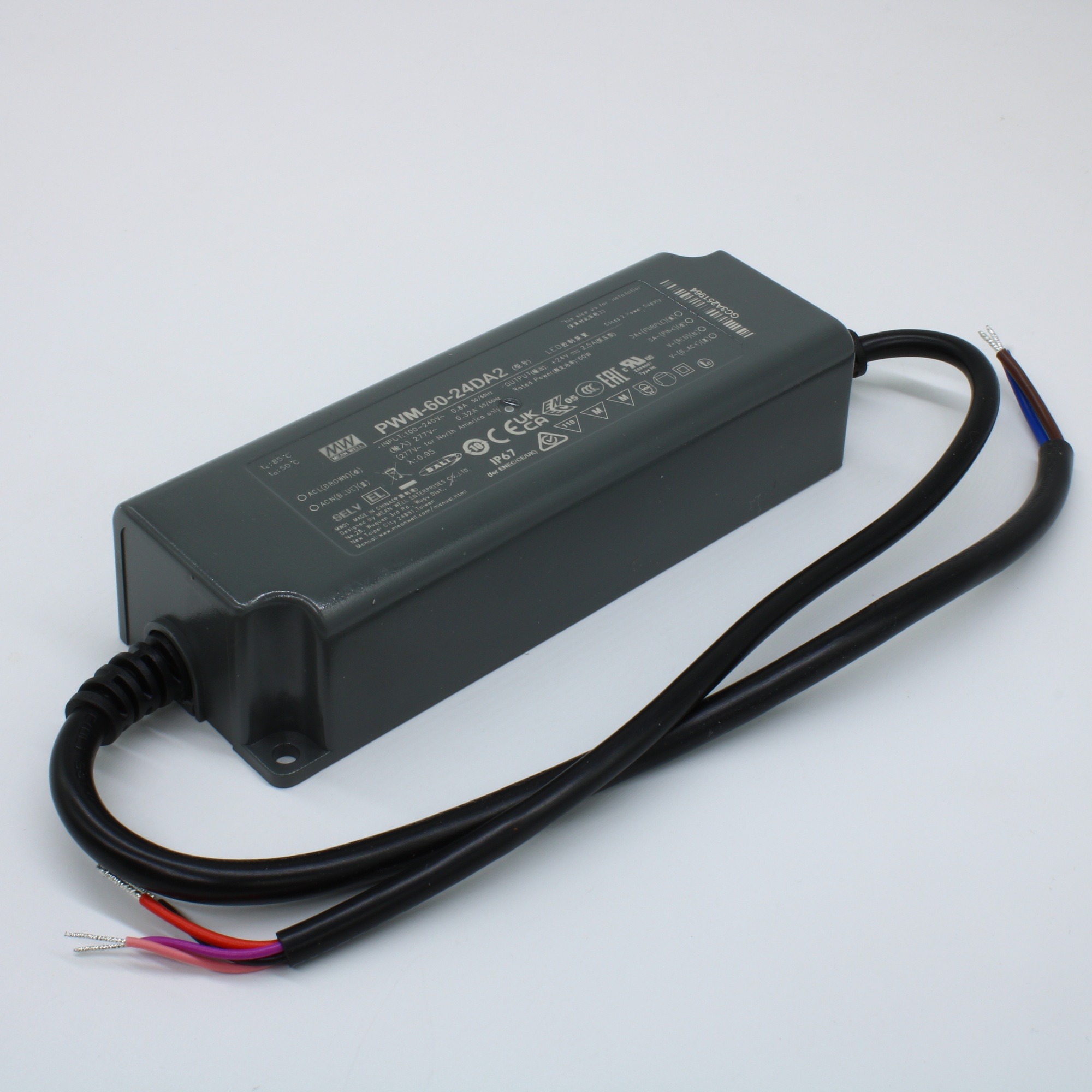 PWM-60-24DA2 - AC-DC, 60Вт, ККМ,  IP67, вход 90…305В AC, 47…63Гц /127…431В DC, выход 24В/2.5А, изоляция 3750В AC, пластиковый корпус 150х53х35мм, -40…+85°С, выход: стабилизированное напряжение с ШИМ, DALI-2 димминг