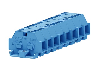 Клемма мини 242334 - Мини клемма, боковой подвод кабеля, 4 точки подключения в клемме, тип фиксации провода: пружинный, номинальное сечение: 4 мм кв., 24A, 630V, цвет: синий, тип монтажа: монтажные фланцы