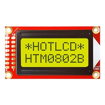 HTM0802B-11Y-T5P-V03 - ЖКИ знакосинтезирующий 8 x 2, STN Серый Позитивный/прозрачно-отражающий светодиодная подсветка желто-зеленая размер 58x32 мм, видимая область 38х16 мм, питание 5В, -20...70°C, 6 o`clock, 16 контактов 2 ряда слева