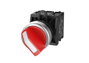 Селекторный переключатель (красный) TS2520-1AF10-R20 - Переключатель, короткая ручка, 3-х позиционный, без самовозврата, без подсветки, алюминиевое переднее кольцо, с плавным нажатием, с контактной группой 2NO, диаметр головки кнопки 29,5 мм, диаметр поса