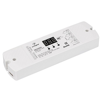Декодер SMART-K16-DMX (12-24V, 4x5A) 023824 - Декодер DMX512 для трансляции DMX512 сигнала ШИМ(PWM) устройствам. Питание 12-24VDC. 4 канала, ток нагрузки 4x5A, мощность нагрузки 240-480W. Входной сигнал DMX512, выходной сигнал ШИМ(PWM). Цифровой дисплей н