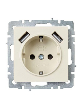 Розетка BRITE РЮш10-1-БрКр 16А с USB A+A 2.1А с заземл. защ. шторки беж. BR-R14-16-U21-D21-K10